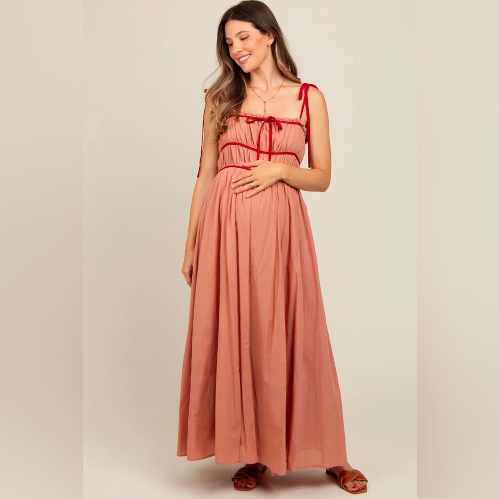 salmon contrast ribbon trim maxi dress